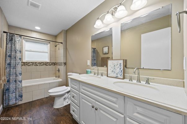 Bathroom, Dual Sink Vanities, Interior, Recessed Lighting, Wood Texture Flooring