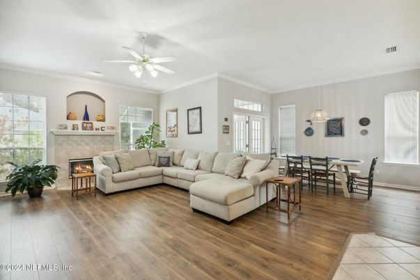 Dining room, Fireplace, Interior, Living room, Wood Texture Flooring