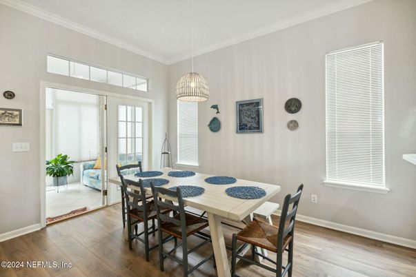 Dining room, Interior, Pendant Lights, Wood Texture Flooring