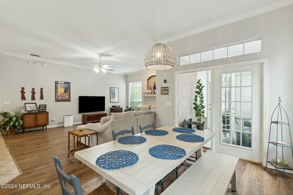 Dining room, Interior, Living room, Pendant Lights, Wood Texture Flooring