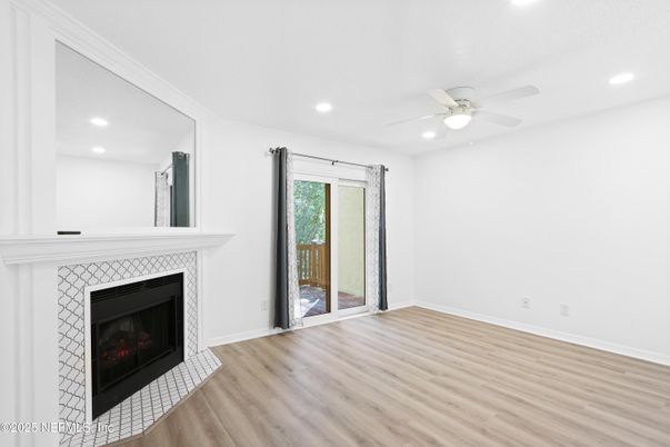 Empty room, Fireplace, Interior, Recessed Lighting, Wood Texture Flooring