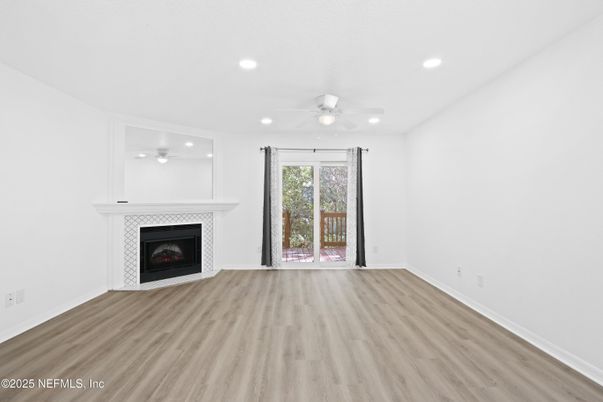 Empty room, Fireplace, Interior, Recessed Lighting, Wood Texture Flooring
