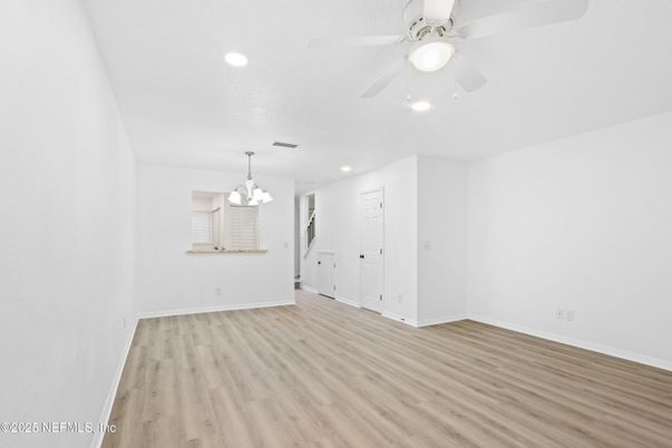 Chandelier, Empty room, Interior, Recessed Lighting, Wood Texture Flooring