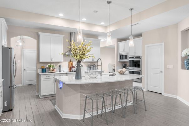 Interior, Kitchen, Pendant Lights, Recessed Lighting, Stainless Steel Appliances, Wood Texture Flooring