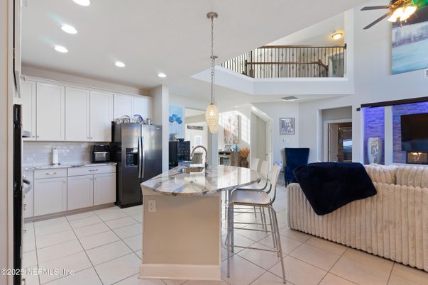 Fireplace, Interior, Kitchen, Living room, Pendant Lights, Recessed Lighting, Stainless Steel Appliances