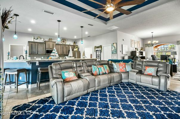 Chandelier, Dining room, Interior, Kitchen, Living room, Pendant Lights, Recessed Lighting, Stainless Steel Appliances