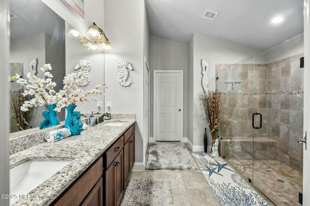 Bathroom, Dual Sink Vanities, Glass Shower, Interior, Recessed Lighting