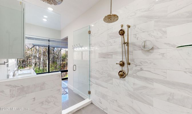 Bathroom, Glass Shower, Interior, Marble, Marble Walls, Recessed Lighting