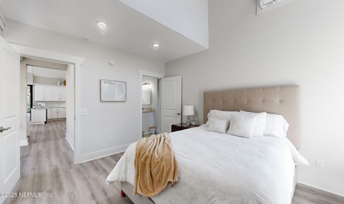 Bedroom, Interior, Recessed Lighting, Wood Texture Flooring
