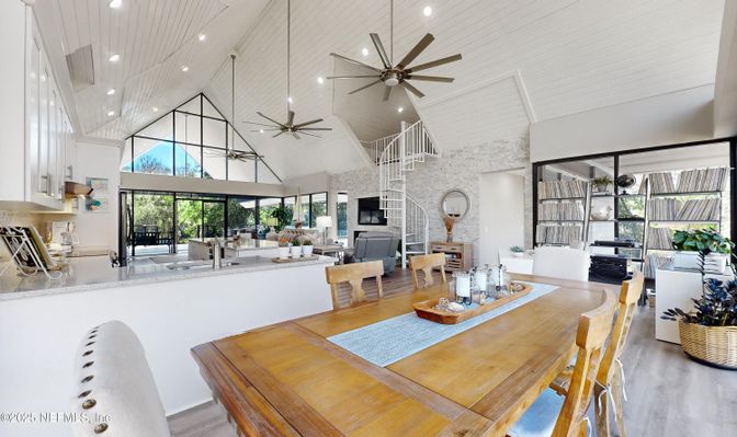 Dining room, Fireplace, Interior, Living room, Pendant Lights, Recessed Lighting, Stone Walls, Wood Texture Flooring