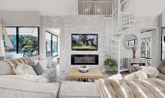 Fireplace, Interior, Living room, Stone Walls, Wood Texture Flooring