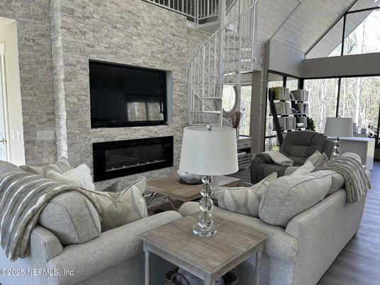 Fireplace, Interior, Living room, Stone Walls, Wood Texture Flooring