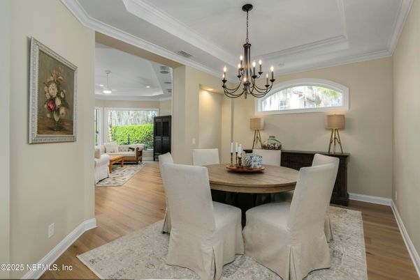 Chandelier, Dining room, Interior, Living room, Recessed Lighting, Wood Texture Flooring