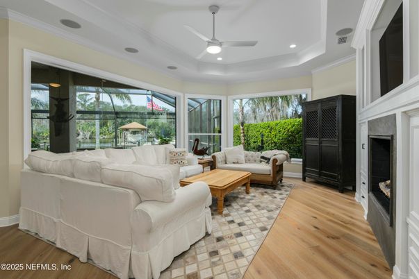 Fireplace, Interior, Living room, Recessed Lighting, Wood Texture Flooring