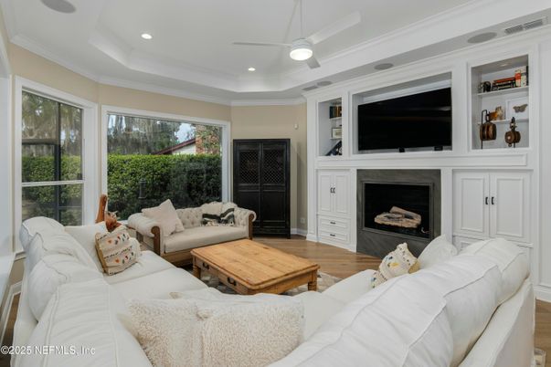 Fireplace, Interior, Living room, Recessed Lighting, Wood Texture Flooring