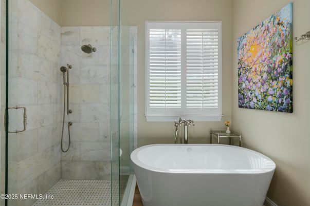 Bathroom, Free Standing Baths, Glass Shower, Interior, Marble Walls