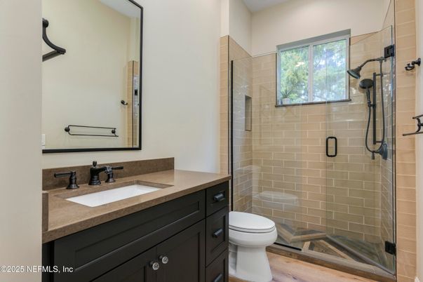 Bathroom, Glass Shower, Interior, Wood Texture Flooring
