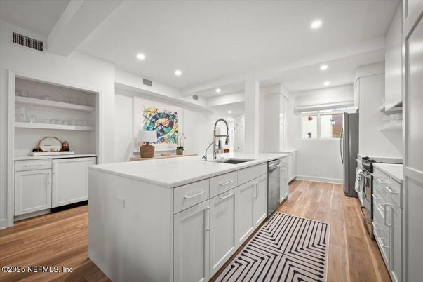 Interior, Kitchen, Recessed Lighting, Wood Texture Flooring
