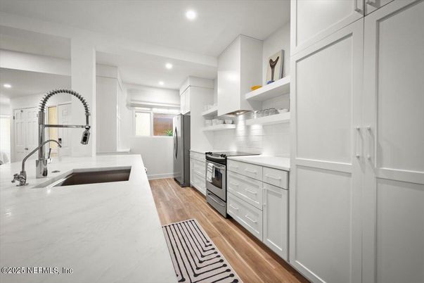 Interior, Kitchen, Recessed Lighting, Stainless Steel Appliances, Wood Texture Flooring