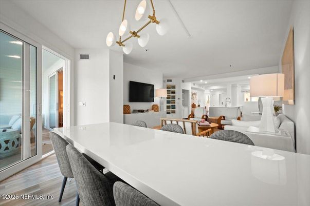 Dining room, Interior, Kitchen, Living room, Pendant Lights, Recessed Lighting, Wood Texture Flooring
