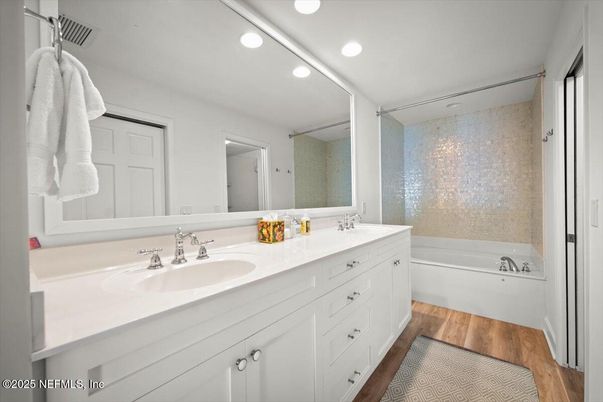Bathroom, Dual Sink Vanities, Interior, Recessed Lighting, Wood Texture Flooring
