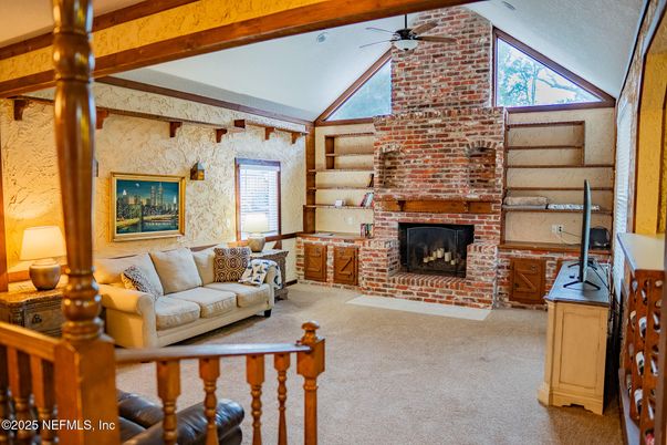 Fireplace, Interior, Living room, Stone Walls, Wooden Beams