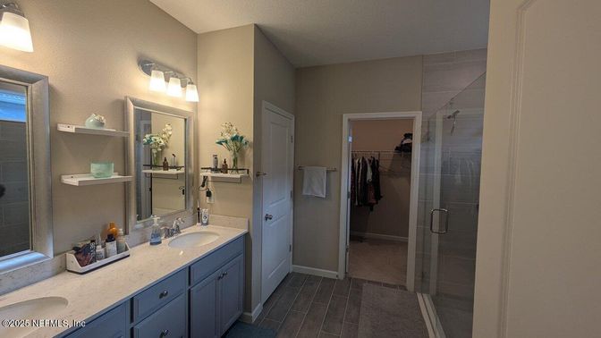 Bathroom, Dual Sink Vanities, Glass Shower, Interior, Wood Texture Flooring
