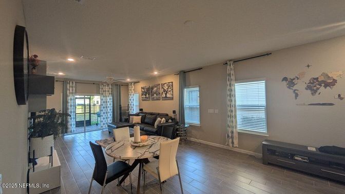 Dining room, Interior, Living room, Recessed Lighting, Wood Texture Flooring