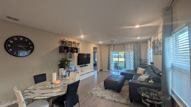 Dining room, Interior, Living room, Recessed Lighting, Wood Texture Flooring