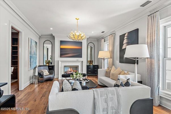 Fireplace, Interior, Living room, Pendant Lights, Recessed Lighting, Wood Texture Flooring