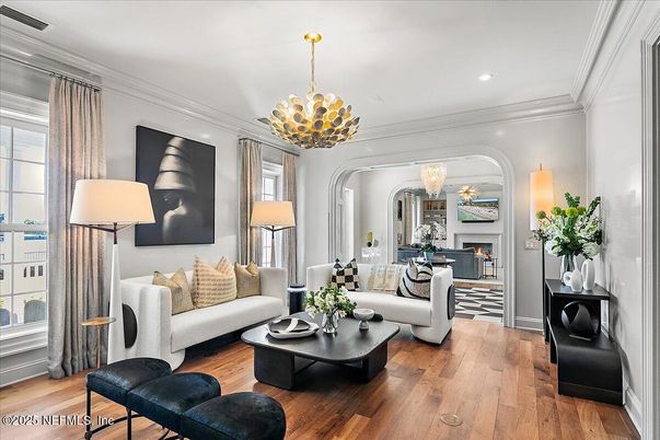 Chandelier, Fireplace, Interior, Living room, Pendant Lights, Recessed Lighting, Wood Texture Flooring