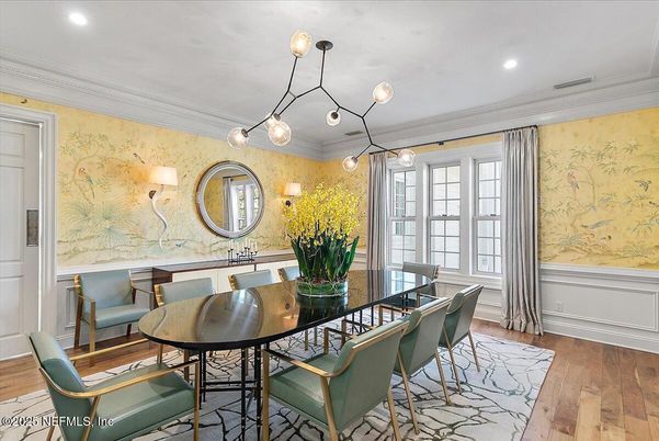 Dining room, Interior, Pendant Lights, Recessed Lighting, Wood Texture Flooring