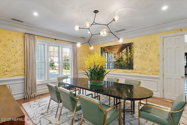 Dining room, Interior, Pendant Lights, Recessed Lighting, Wood Texture Flooring