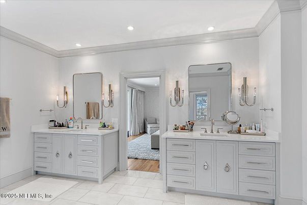 Bathroom, Dual Sink Vanities, Interior, Recessed Lighting, Wood Texture Flooring