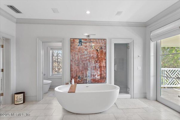 Bathroom, Free Standing Baths, Glass Shower, Interior, Recessed Lighting