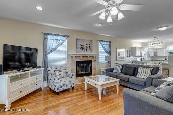 Fireplace, Interior, Kitchen, Living room, Pendant Lights, Recessed Lighting, Wood Texture Flooring
