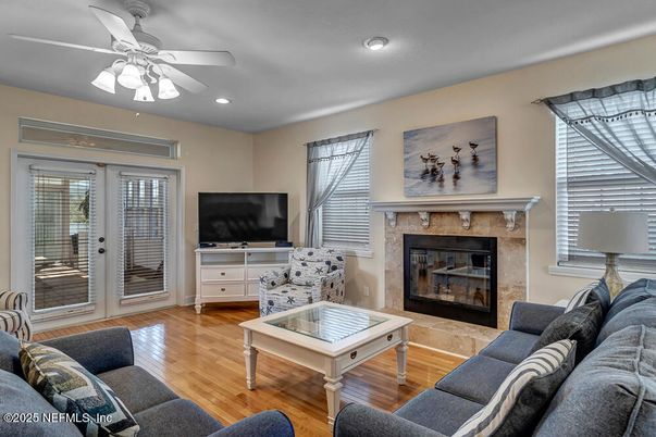 Fireplace, Interior, Living room, Recessed Lighting, Wood Texture Flooring