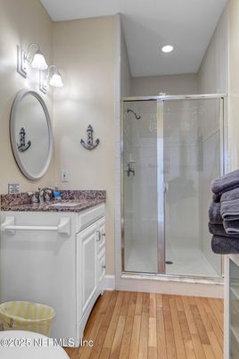 Bathroom, Glass Shower, Interior, Recessed Lighting, Wood Texture Flooring