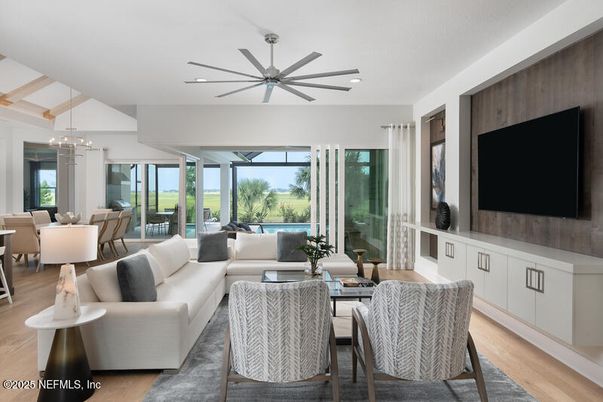 Dining room, Interior, Living room, Pendant Lights, Recessed Lighting, Wood Texture Flooring