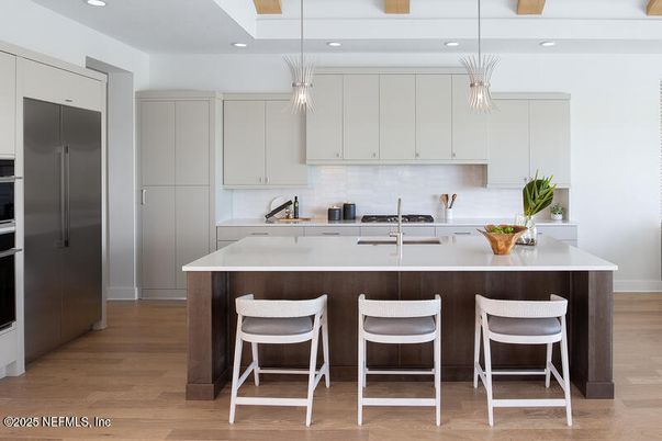 Interior, Kitchen, Pendant Lights, Recessed Lighting, Stainless Steel Appliances, Wooden Beams, Wood Texture Flooring