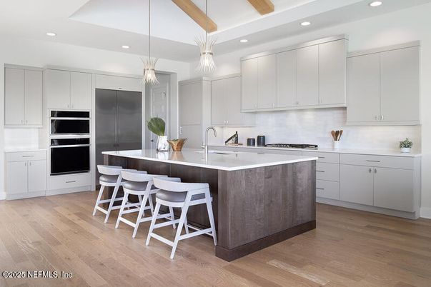 Interior, Kitchen, Pendant Lights, Recessed Lighting, Stainless Steel Appliances, Wooden Beams, Wood Texture Flooring