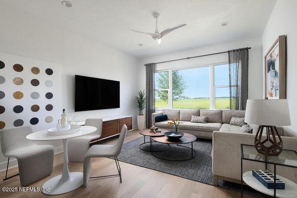 Dining room, Interior, Living room, Recessed Lighting, Wood Texture Flooring