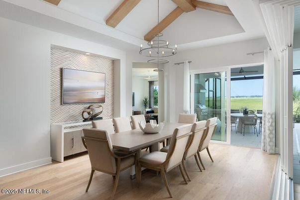 Dining room, Interior, Pendant Lights, Wooden Beams, Wood Texture Flooring