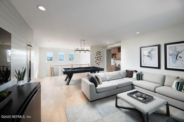 Billiard Table, Game Room, Interior, Living room, Pendant Lights, Recessed Lighting, Wood Texture Flooring