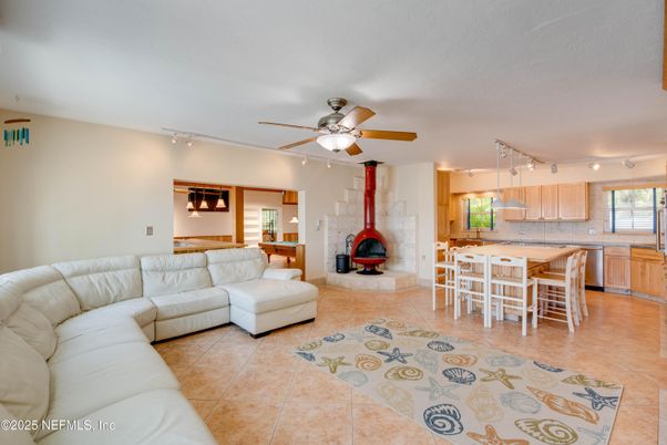 Dining room, Fireplace, Interior, Kitchen, Living room, Stone Walls