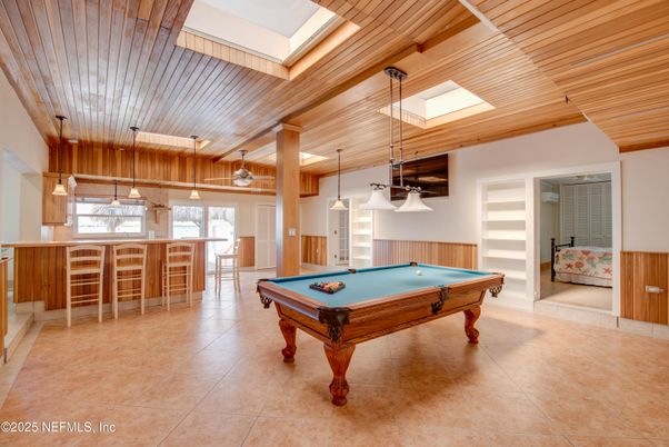 Billiard Table, Game Room, Interior, Pendant Lights, Wooden Ceilings