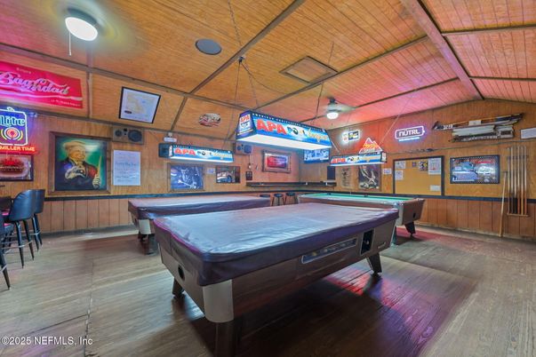 Billiard Table, Game Room, Interior, Wooden Ceilings, Wood Texture Flooring, Wooden Walls