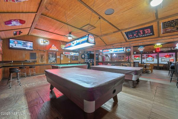Billiard Table, Game Room, Interior, Wooden Ceilings, Wood Texture Flooring, Wooden Walls
