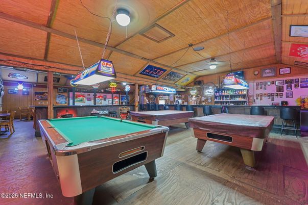 Billiard Table, Game Room, Interior, Pendant Lights, Wooden Ceilings, Wood Texture Flooring