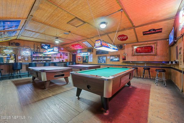 Billiard Table, Game Room, Interior, Wooden Ceilings, Wood Texture Flooring, Wooden Walls